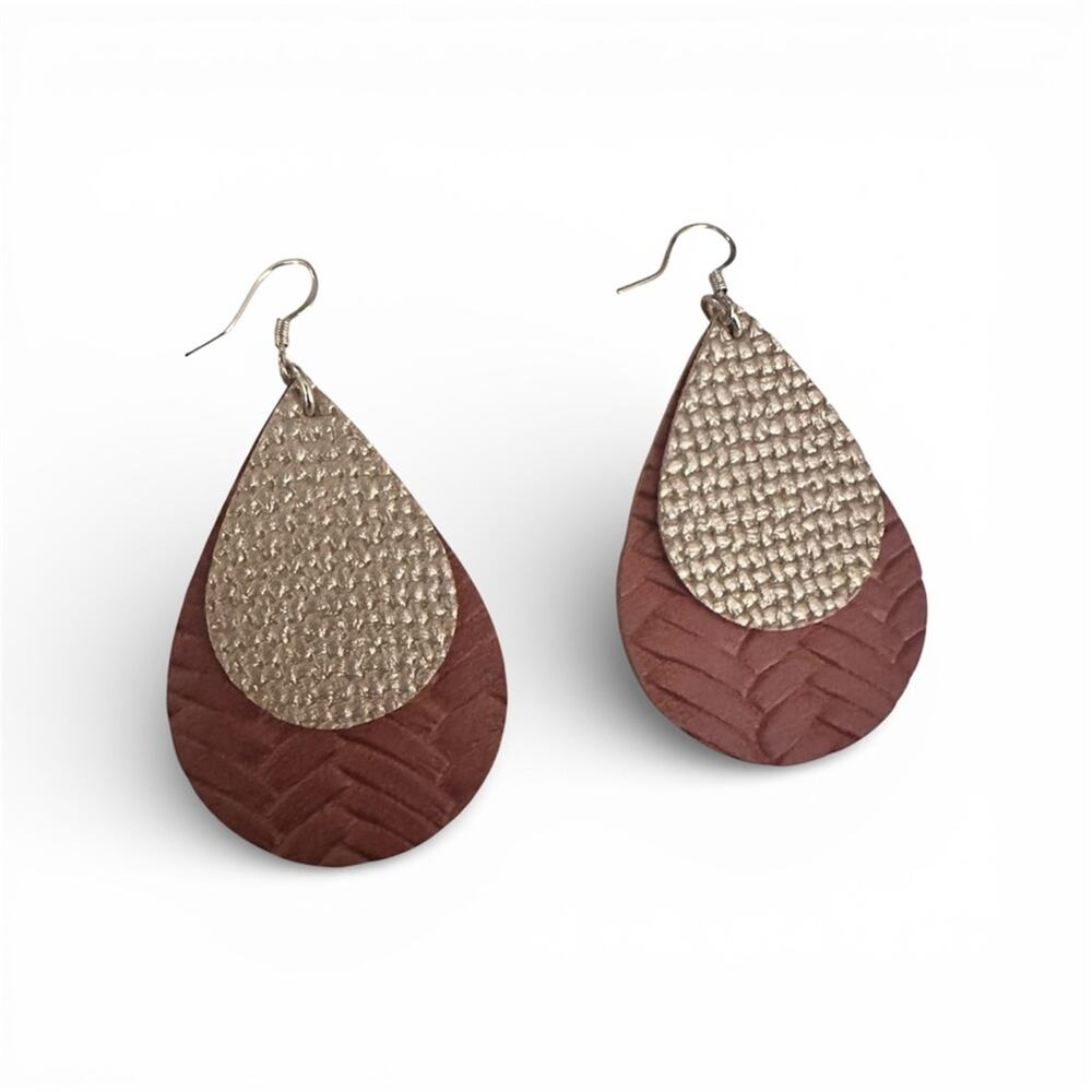 Faux Leather Brown Gold Teardrop Pierced Earrings Boho Herringbone Lightweight